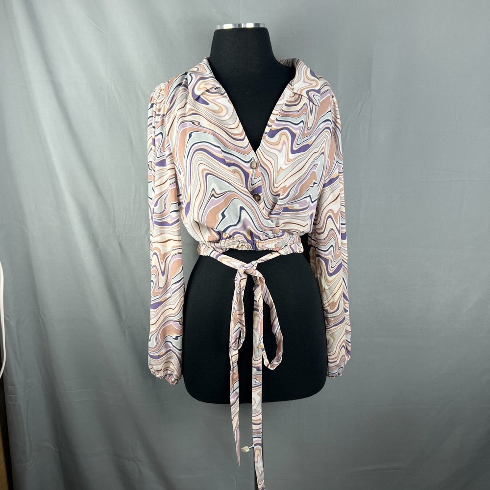 Sweet Rain Crop Top Women XL Multi Retro Swirl Print Balloon Sleeve Button Front